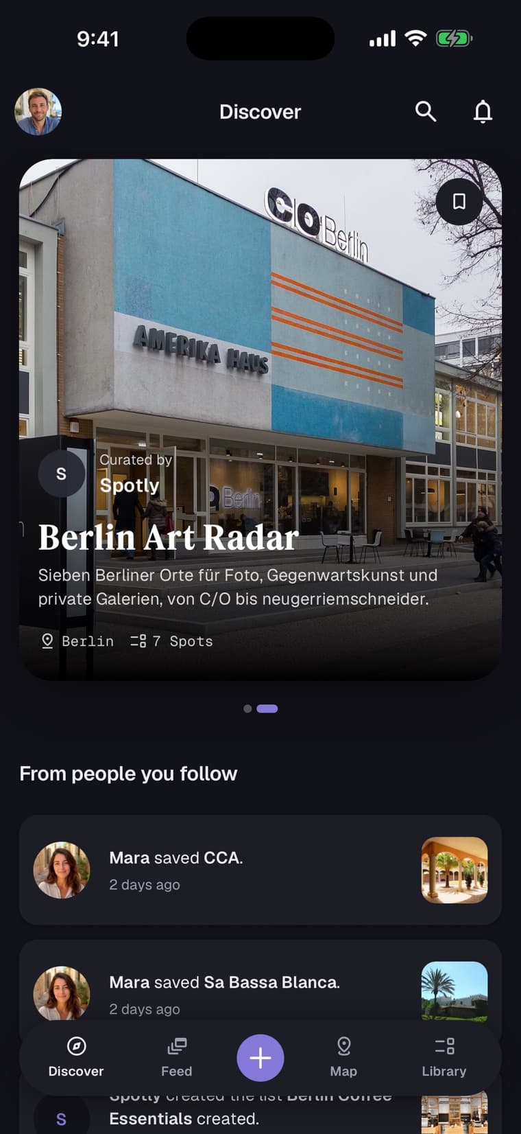 Spotly Discover screen with Berlin Art Radar and recent recommendations from friends