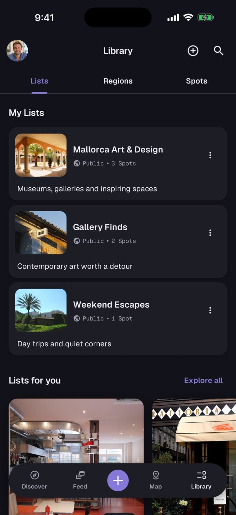 Spotly Library screen with three personal Mallorca lists and curated recommendations