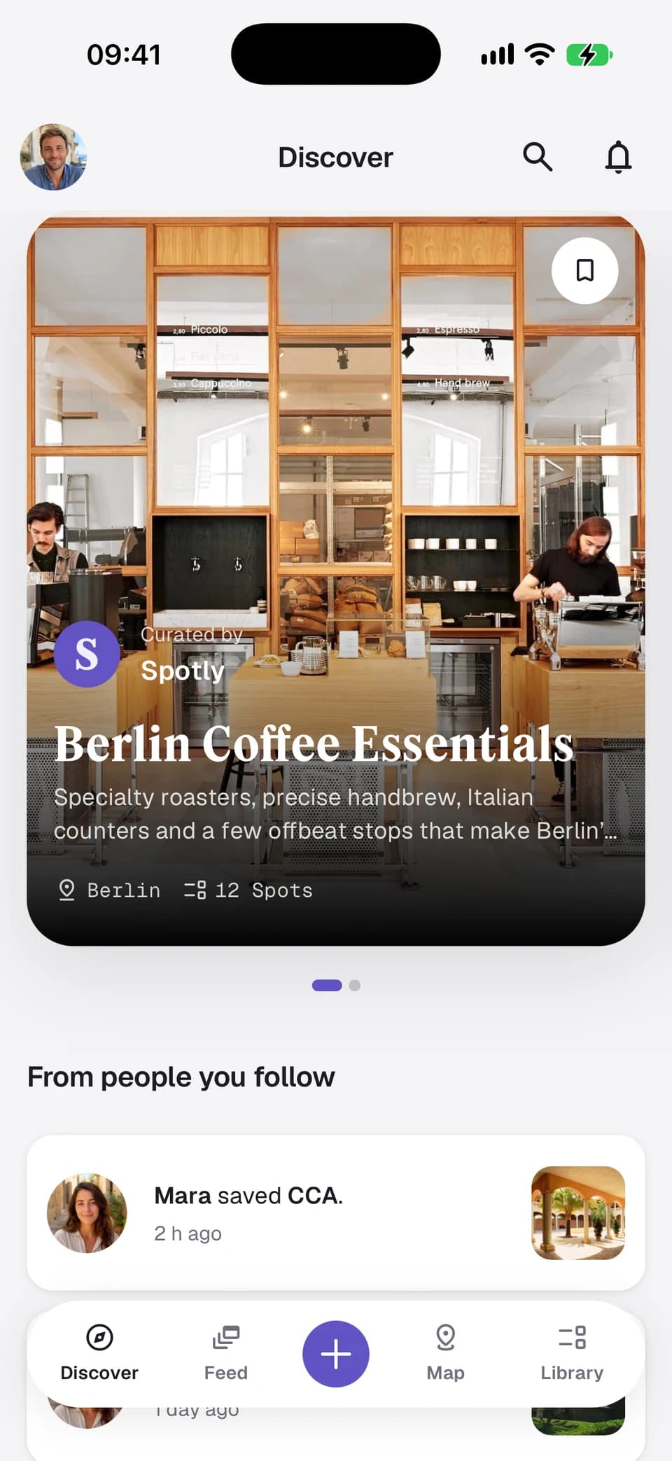 Spotly Discover screen with Berlin Coffee Essentials and recent recommendations from friends