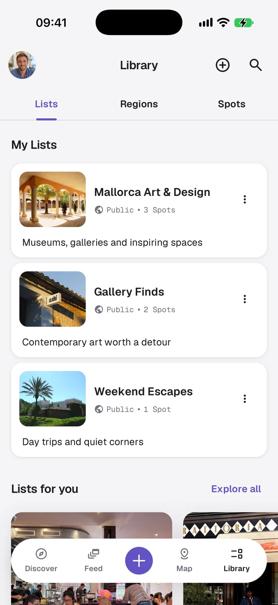 Spotly Library screen with three personal Mallorca lists and curated recommendations