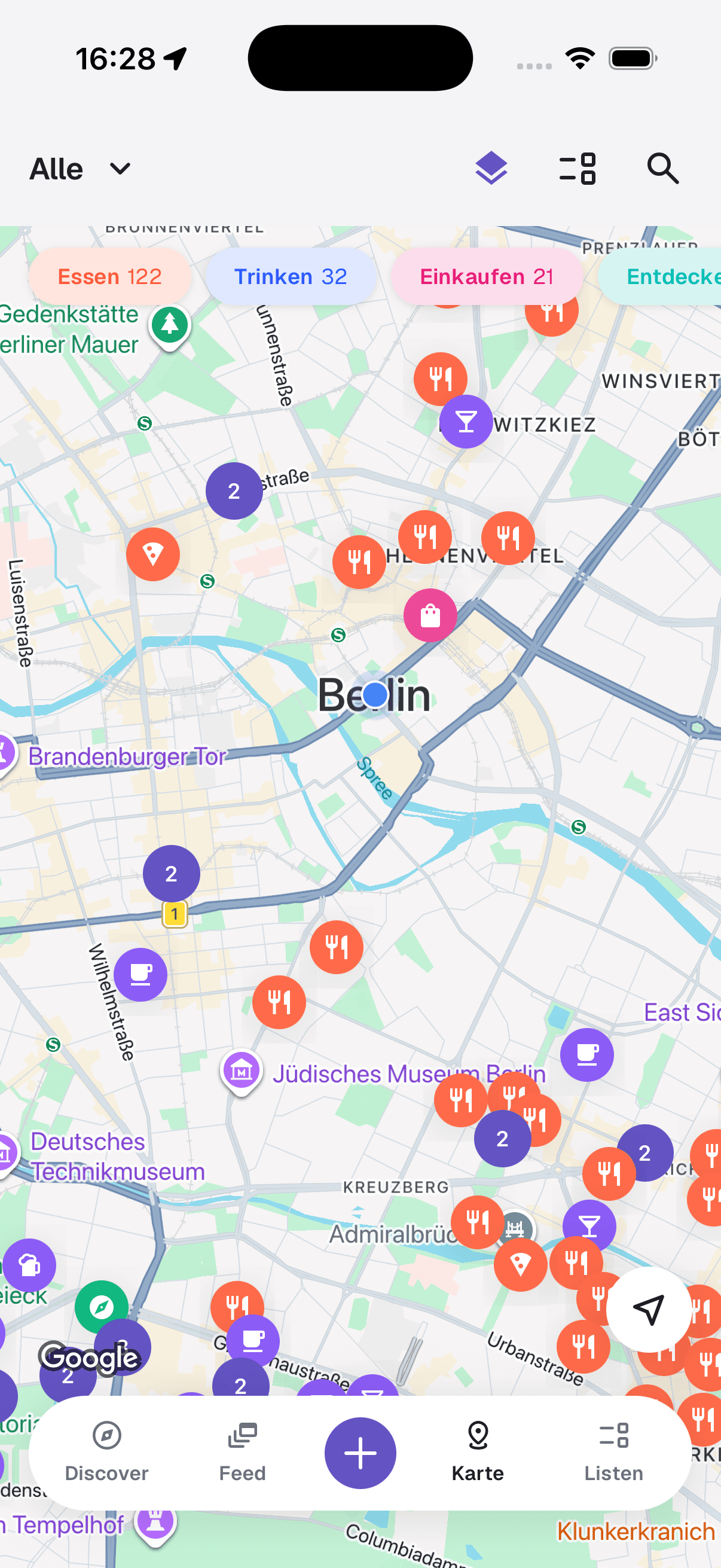 Spotly map screen with categorized place markers in Berlin