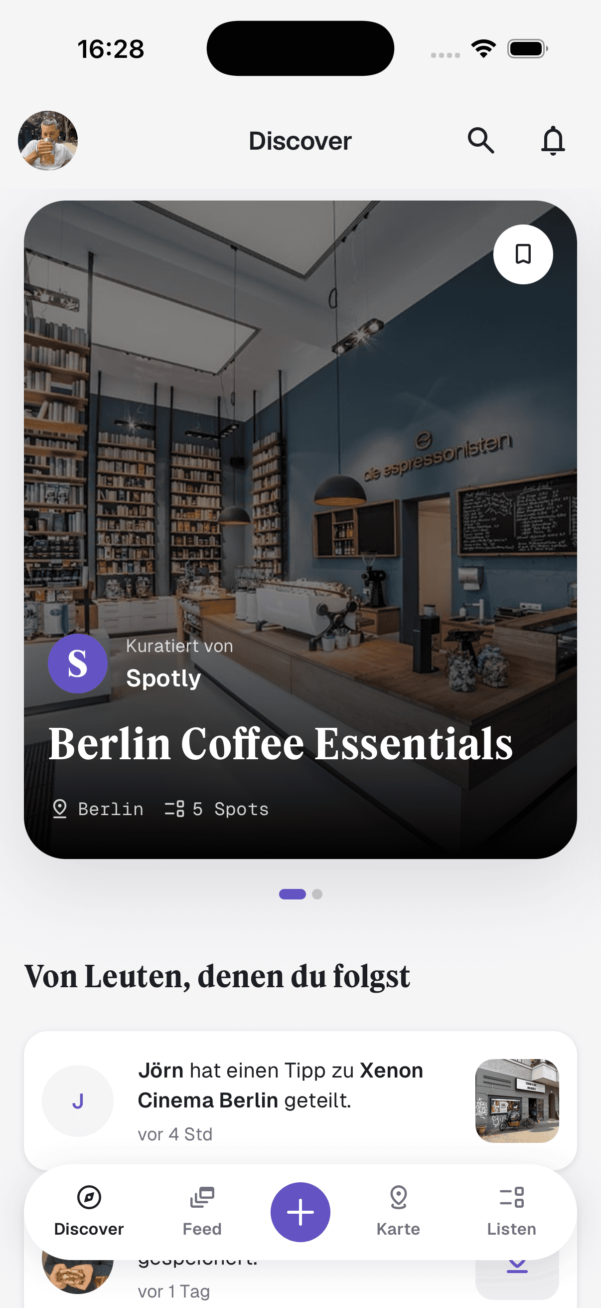 Spotly Discover screen with a curated Berlin Coffee Essentials list