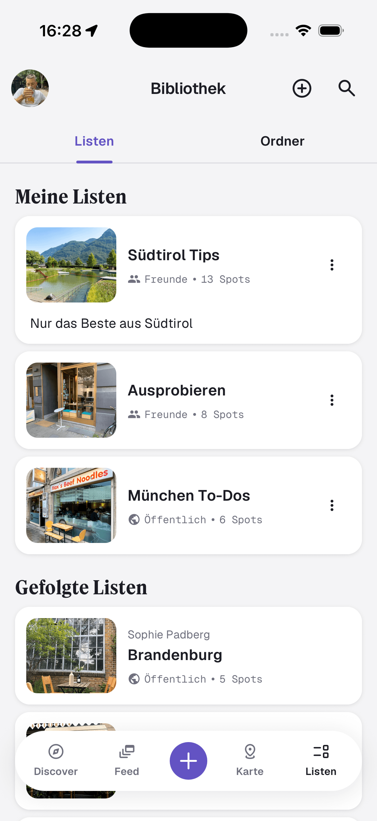 Spotly library screen with saved and followed place lists